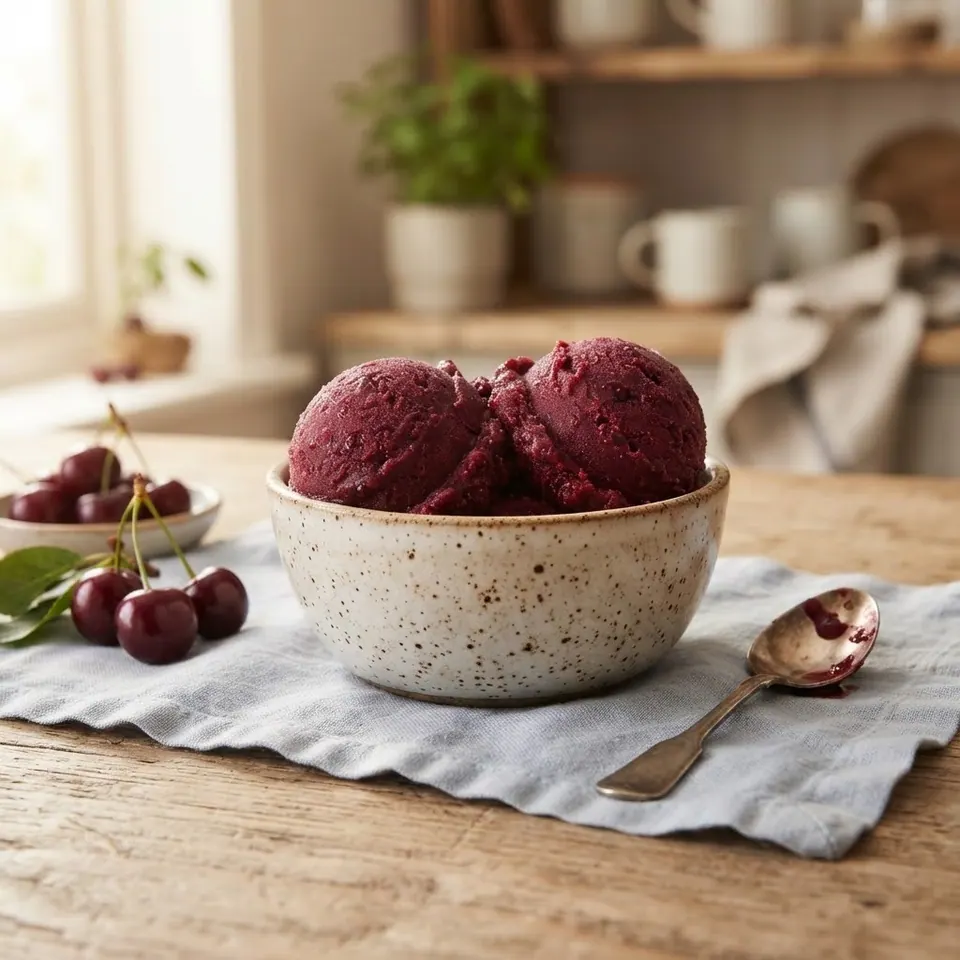 Dark Cherry Sorbet, served