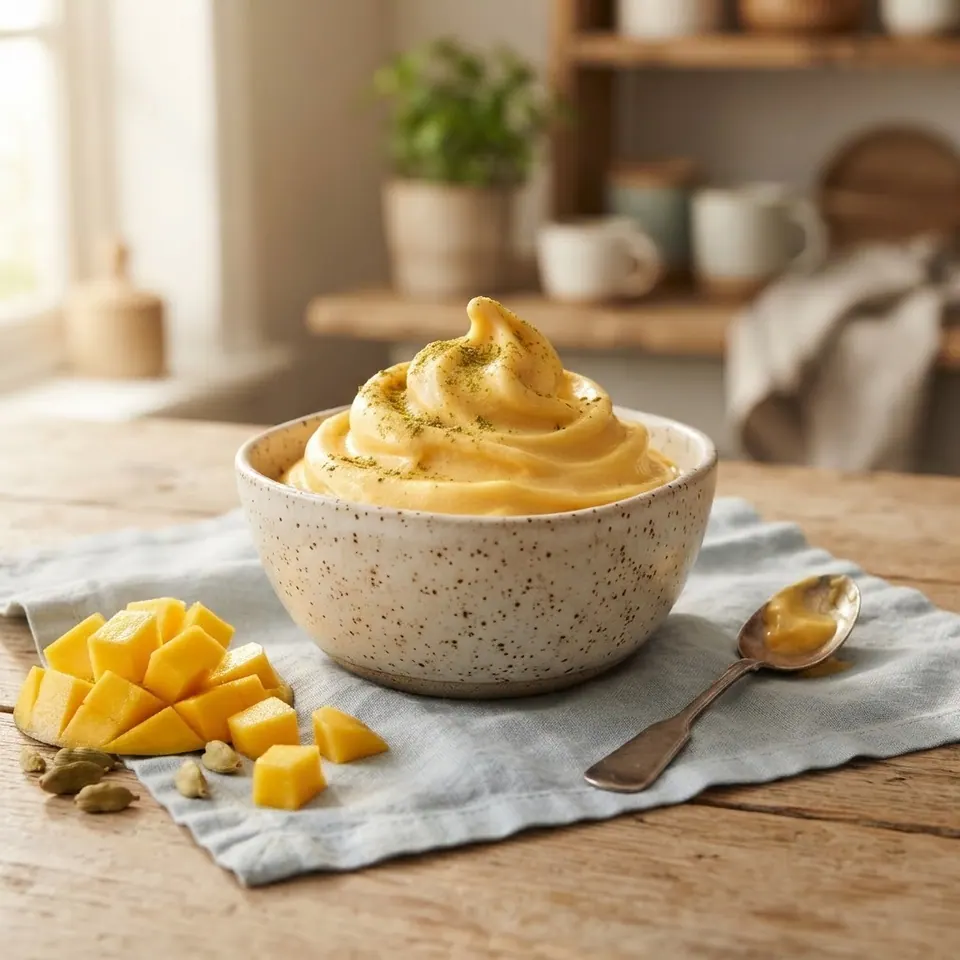 Mango Lassi Frozen Yogurt, served